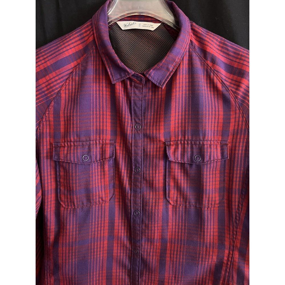 WOOLRICH Women's Shirt‎ size Med Plaid Purple/Red Long-Sleeve Vented Snap Front